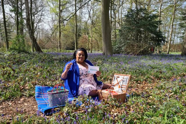 Alison Hammond enjoys a picnic among the bluebells at Worksop's Hodsock Priory.