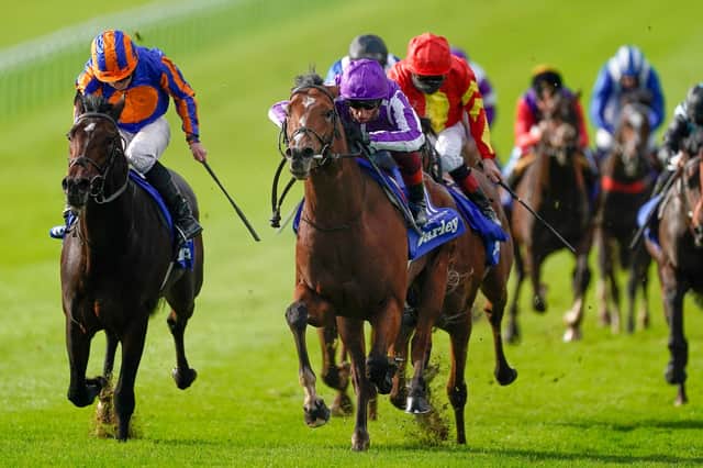 Thunder Blue (red and yellow colours) finishes third to the Aidan O'Brien duo, St Mark's Basilica (centre) and Wembley, in last season's Dewhurst Stakes at Newmarket. Can Joseph O'Brien's colt gain his revenge on Saturday? (PHOTO BY: Alan Crowhurst/Getty Images).