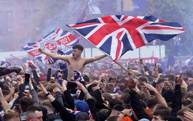 The atmosphere is running high at Ibrox Stadium as Rangers get set to lift the Scottish Premiership trophy this afternoon. Picture: Robert Perry/PA