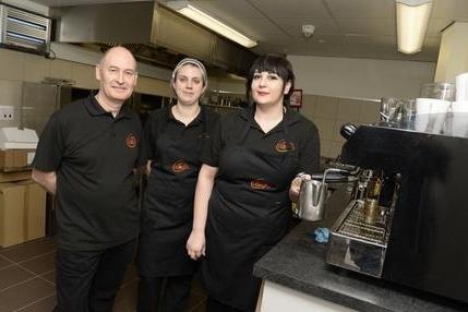 Nosh franchisee Phil McCall with Amy Hickes and Amy Harris at the official opening of the cafe at the newly built Worksop bus station in 2015.