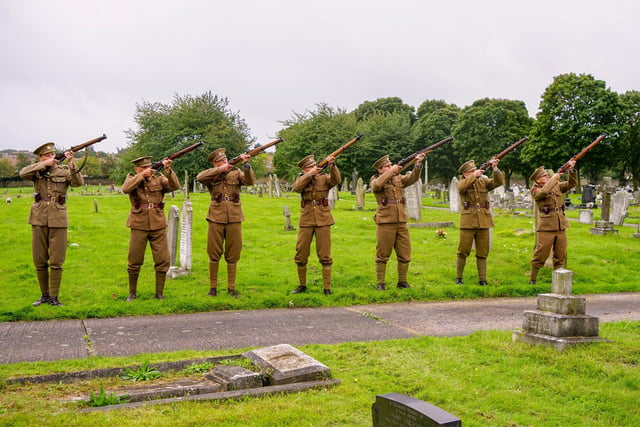 A gun salute at the unveiling of Worksop war hero Thomas Highton`s grave