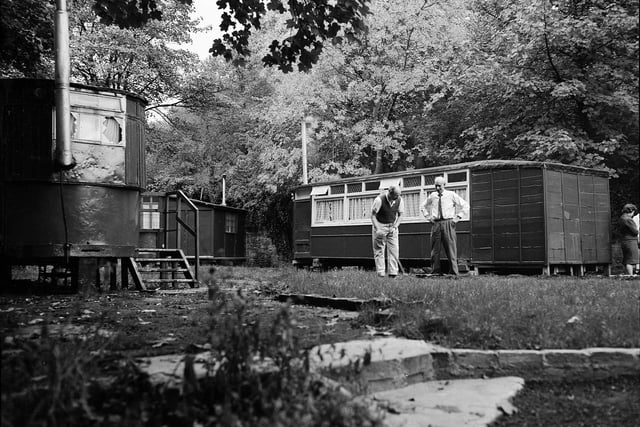A caravan site at Redhall Mill, in Craiglockhart Dell, in 1961. The caravans were made from old train carriages.