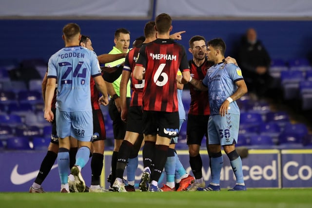 Gustavo Hamer of Coventry City (right) interacts with players before being shown the red card against Bournemouth.