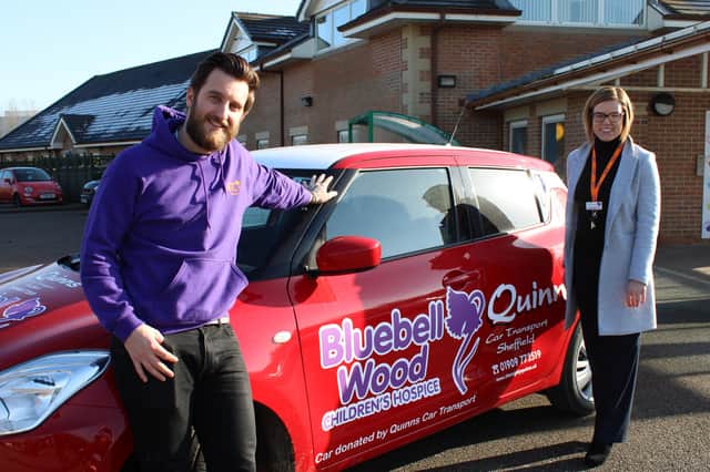 Dave Hall (Bluebell Wood Corporate Fundraiser) with Sam Wood (Bluebell Wood’s Head of Fundraising) welcoming the new car to the hospice.