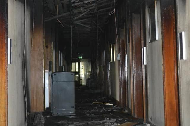 Offices and ceilings were destroyed as the fire spread