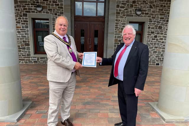 FBCA President Coun David Marren (left) presenting Westerleigh Group Ambassador Alan Jose with the Group’s Environmental Policy Statement. Photo taken at Sirhowy Valley Crematorium in Wales which opened earlier this year.