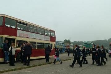 Pupils from Portland School getting on the buses at the bus park on Netherton Road, Worksop in 2006. Portland Comprehensive School shows its founding as a secondary modern school in 1957, its conversion to a comprehensive school in 1969, and its merger with Hartland Secondary School in 2004. The old site was demolished in 2008 after the new school building was completed in 2007, and the school joined the Outwood Grange Academies Trust in 2011, eventually becoming Outwood Academy Portland.