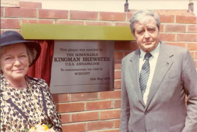 American ambassador Kingman Brewster with his wife during a visit to Scrooby in 1979