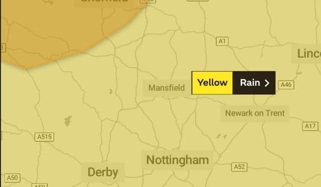 The Met Office has raised a yellow warning for rain in Mansfield