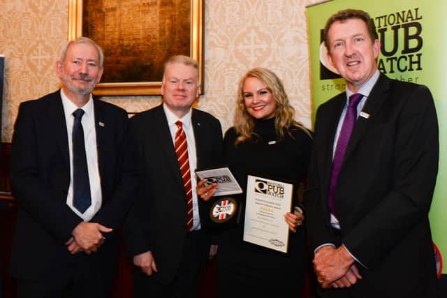 From left, National Pubwatch chairman, Lord Roy Kennedy, Insp Hayley Crawford and Wetherspoon’s legal director Nigel Connor.