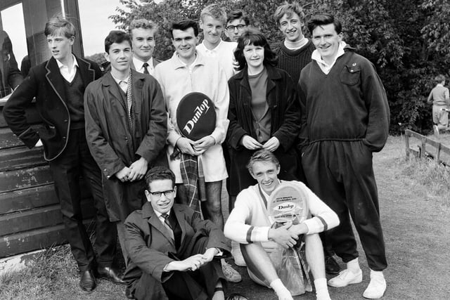 A group of tennis stars set to take part in the Scottish Championships at Craiglockhart in 1965. Back row (left-right): Graeme Notman, Ralph Skea, Mike Abbott, Norman Thompson, David Abbott, D.Scott, Kirsten Mathers, D.F. McLaren and Jim Wood. Front row (left-right): Mike Sanderson and Derek Braid.