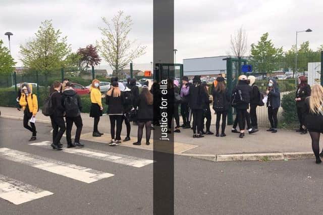 Students protested outside Heritage High School this morning in solidarity with their fellow pupil Ella Goodwin who has allegedly been told she cannot wear a cap to school despite losing her hair due to illness