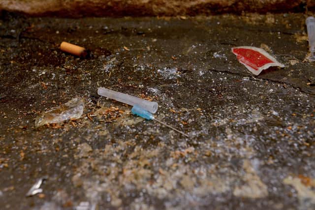 Syringes litter the steps of the Priory Gatehouse in Worksop.