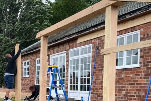 The beautiful new timber frame - built free of charge by Chris Fielding, of South Yorkshire Timber Framing