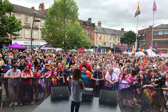 Worksop Pride hosts Crystal and Katie's daughter Esmé Lucas at Worksop Pride in 2019.
