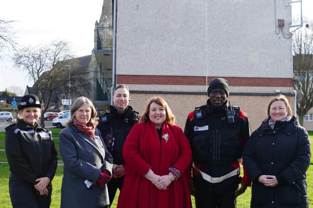 Front left to right (foreground) are; Inspector Hayley Crawford of Nottinghamshire Police, Coun Lynne Schuller, Cabinet Member for Health and Well-being at Bassetlaw District Council, Caroline Henry, Nottinghamshire Police and Crime Commissioner, Nikala Elliott, Community Safety and Safeguarding Manager at Bassetlaw District Council, along with Bassetlaw District Council’s Safer Streets Wardens.