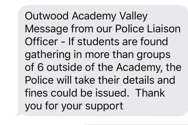 The text sent out to Outwood Academy Valley parents