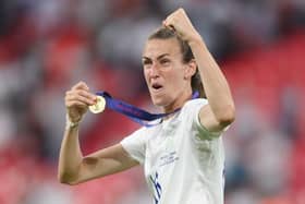 Jill Scott celebrates after England's UEFA Women's Euro 2022 final victory over Germany