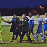 New coach Mark Whitehouse (shaking hands goalkeeper Seb Malkowski) wants the league title. Pic by The Dribbling Code.