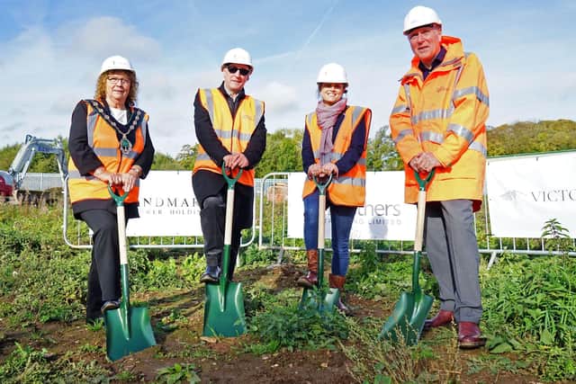 Coun Madelaine Richardson, chairman of the Bassetlaw Council, Mick Avison, founder and managing director for Landmark Power Holdings, Eleanor Fraser Smith, head of sustainability at Victory Hill, and Richard Smith, joint chairman Smith Brothers broke the ground.