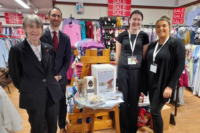 Anne and the team at Edinburgh Woollen Mill welcome Deputy Mayor David Naylor to draw the winners for the Retford Egg Hunt