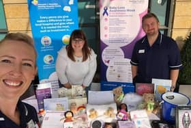 DBTH bereavement midwives Rhian Morris (left) and Matt Procter (right), and fundraising manager Sarah Dunning (middle), visited several locations in Worksop and Doncaster to encourage conversations around baby loss.