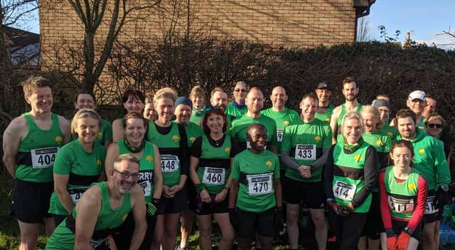 The Worksop Harriers gather ahead of the race. They went on to impress.