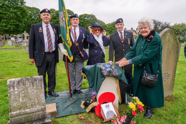 Unveiling of Worksop war hero Thomas Highton`s grave  thanks to Commonwealth War Graves Commission and Worksop branch of the RBL. Pictured Edna Staveley, Diane Gent, Stuart Jackson, Tony Jones and John Hamilton.