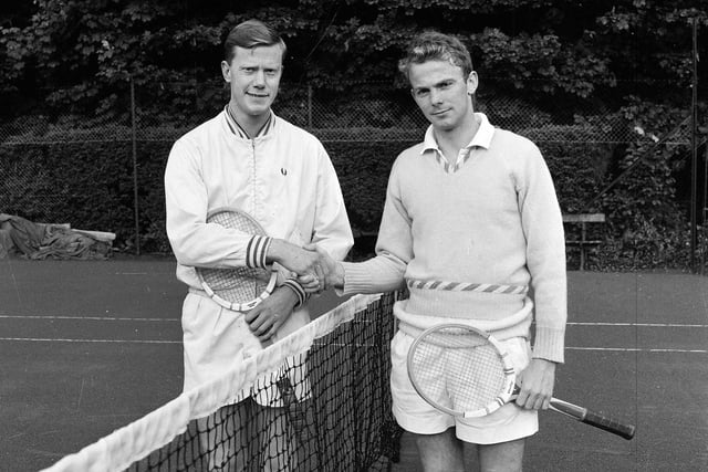Terry Marshall and Alan Todd prepare to play at the Tennis Champions at Craiglockhart in 1966.