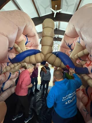 The Roy Castle Lung Cancer Foundation's Megalungs engaging visitors at a recent Talk Cancer event in Rotherham