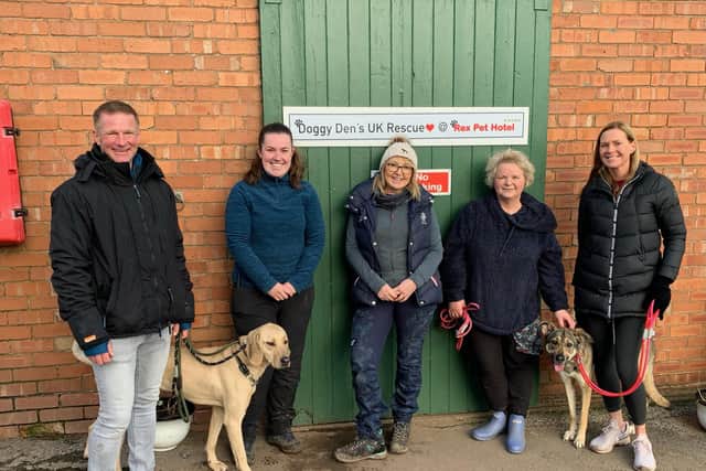 Denise Hardwick pictured alongside Jade Sheldon and Doggy Den's volunteers who had taken some of the dogs on their mid-morning walk.