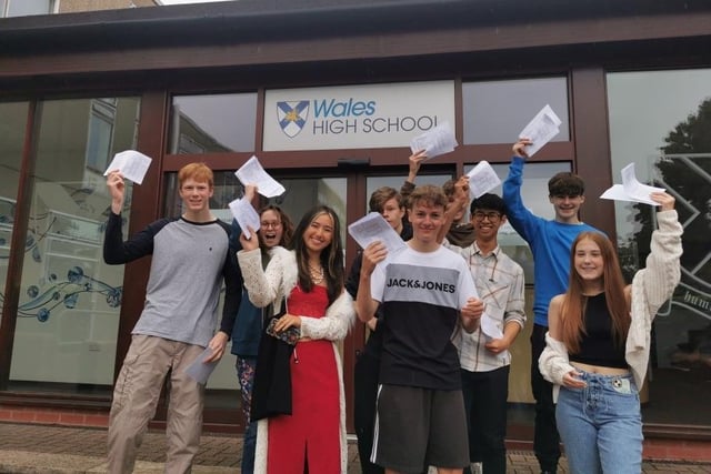 Wales High School celebrated great results. Pictured: Euan Armstrong, Olivia Sheldon, Nadine Groves, Ethan Rimmer, Charlie Kelly, Joseph Fretwell, Zach Tan, Mason Ryan,
amd Alarnie Speed.