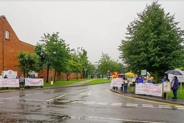 Campaigners opposed to the proposed Clowne Garden Village housing scheme gathered outside Bolsover Council's in Clowne. (Photo by: Local Democracy Reporting Service)