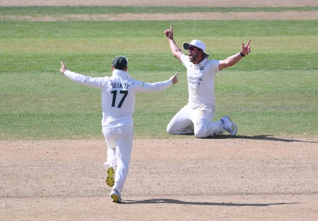 Dane Paterson celebrates after taking a spectacular catch to dismiss George Balderson. (Photo by Laurence Griffiths/Getty Images)