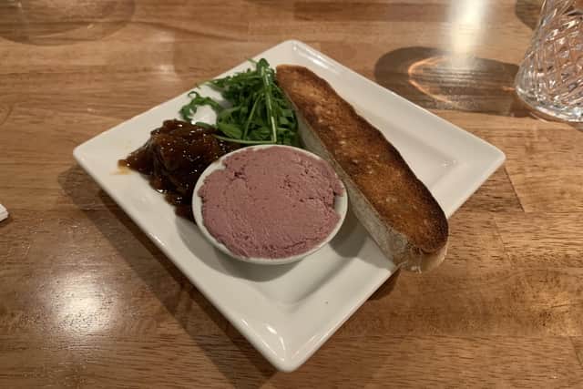Chicken Liver and Brandy Pâté, served with toasted ciabatta and balsamic onion marmalade.