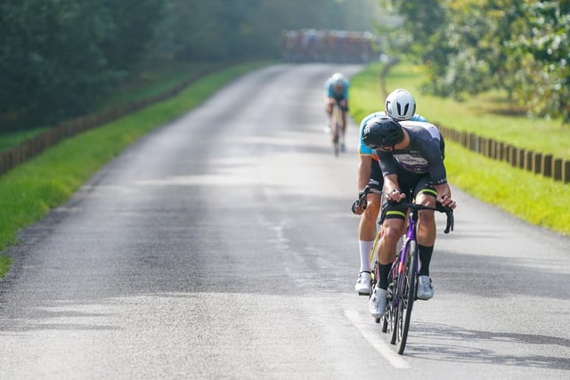 James Fouche of Team Bolton Equities Black Spoke (Wearing the Pinarello King of the Mountains Jersey) and Abram Stockman of Team TDT Unibet Cycling in the breakaway.