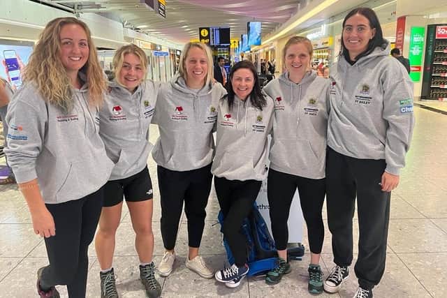 From left,  Lauree Fearon-Hunt, Kit Swales, Charlotte Weatherall-Smith, Nicola Hawes, Mary Amos, and Dannielle Bailey at the airport.