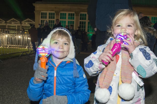 Ethan and May Gosling enjoying Light up the Garden event for Bonfire Night at Sheffield's Botanical Gardens in 2018
