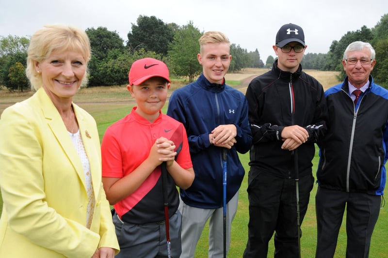 Worksop Golf Club Captain, Mick Bower, and Lady Captain, Angela Burrows, welcome youngsters Charlie Curtis, Lewis Harrison and George Mason.