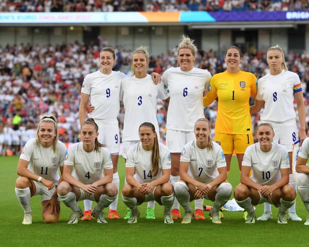 Millie Bright and her England team-mates pose for a photo prior to the UEFA Women's Euro 2022 group A match between England and Norway.