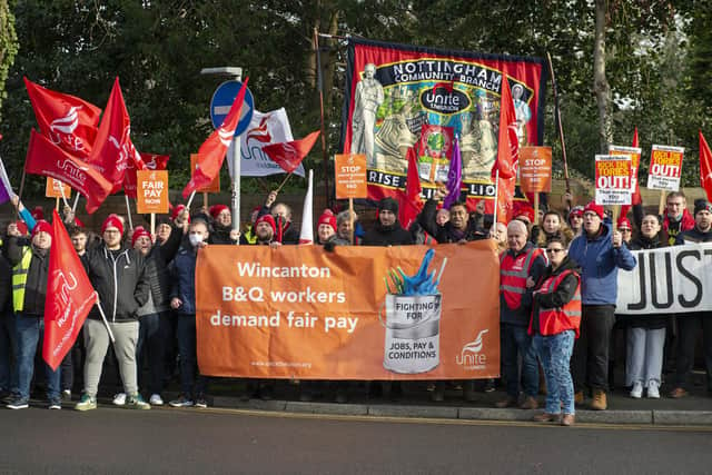 Unite members protest outside Worksop jobs fair on Queen Street.