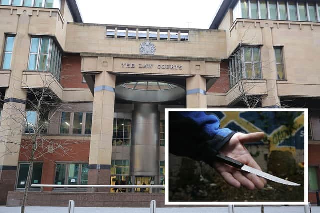 Sheffield Crown Court, pictured, heard how a knife-wielding thug has been jailed after he chased and threatened a man in the street. Also pictured is an example of a knife and not the weapon used by the offender.