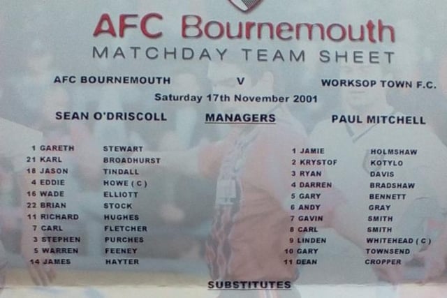 The team sheet from Worksop Town's memorable 3-0 FA Cup first round defeat at Bournemouth on 17th November 2001. The Tigers team was Jamie Holmshaw, Gary Bennett, Darren Bradshaw, Gavin Smith, Ryan Davis, Kristof Kotylo, Carl Smith, Linden Whitehead, Dene Cropper, Andy Gray and Gary Townsend.