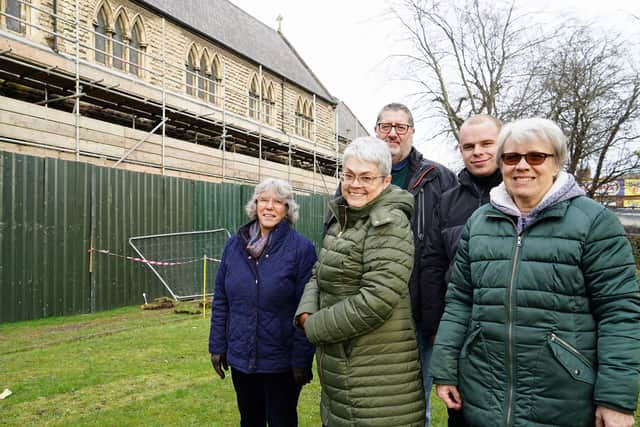 St John's Church spire lates. Sue Dawson project team, Helen Richards heritage, Jess Rudman project team and church warden, Phil Kicks project manager and church warden and Alfie Spencer from Pinanacle.