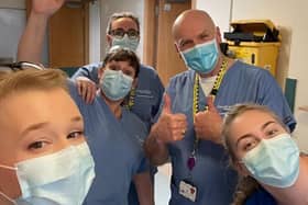 Staff at Bassetlaw Hospital celebrate no active cases of coronavirus.