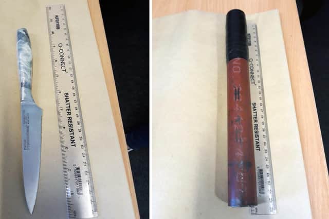 A metal pole and a kitchen knife were discovered during a search of a car in Worksop.