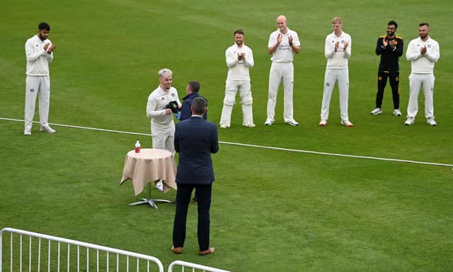 Tom Moores receives his county cap ahead of the LV= Insurance County Championship match between Nottinghamshire and Worcestershire. (Photo by Gareth Copley/Getty Images)