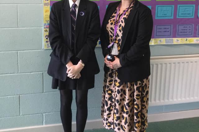 Outwood Academy Portland student Izzy Lucas with principal Danielle Sheehan.