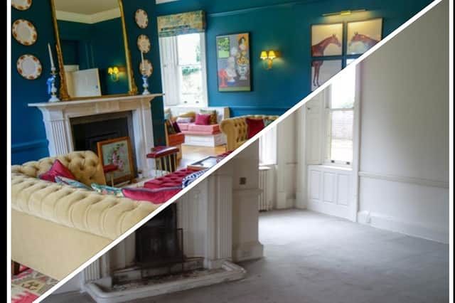 Cuckney House has been revamped into luxury accommodation. Pictured is one of the reception rooms AFTER (top) and BEFORE the work.