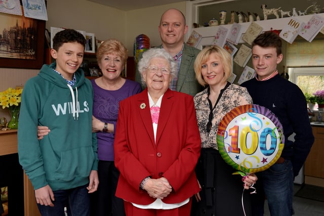 Nora Blaydes celebrated her 100th birthday in 2016, Nora is pictured with from left Great Grandson Sam Forsdyke, 13, Daughter Sue Forsdyke, Grandson Christopher Forsdyke, Janine Forsdyke and Great Grandson Liam Forsdyke, 17